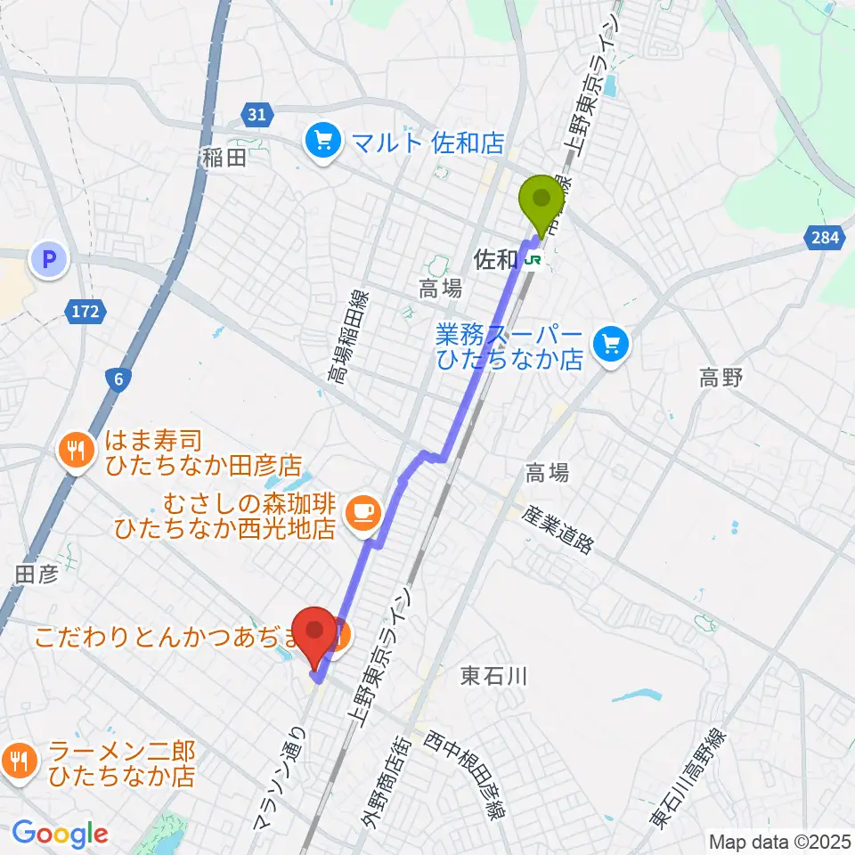 スタジオ音楽工房の最寄駅佐和駅からの徒歩ルート（約35分）地図