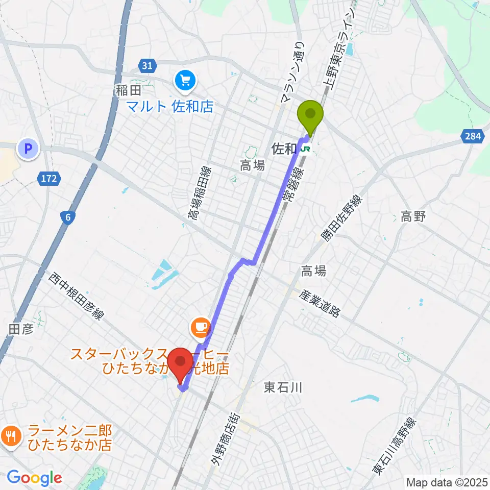 スタジオ音楽工房の最寄駅佐和駅からの徒歩ルート（約35分）地図