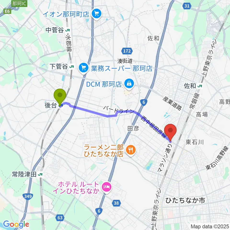 後台駅からスタジオ音楽工房へのルートマップ地図