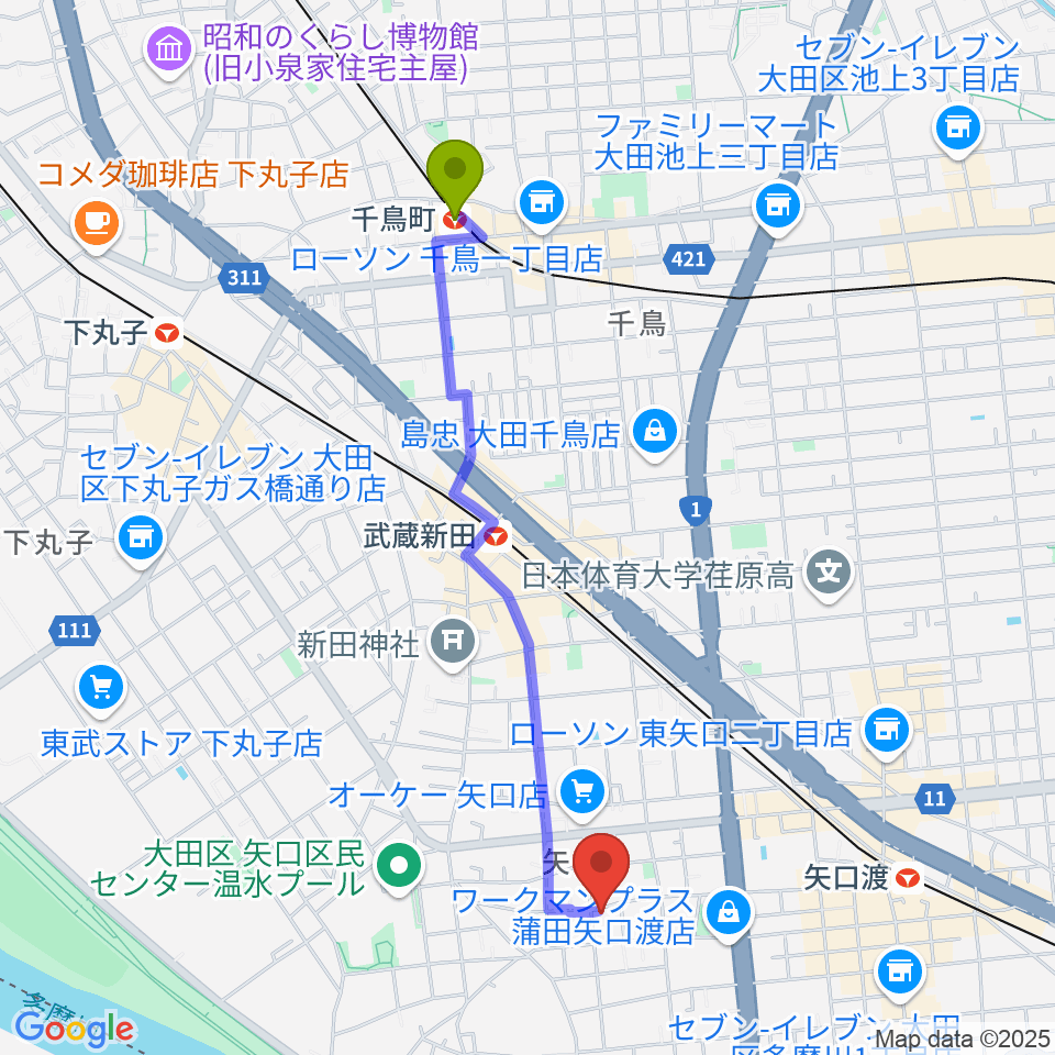 千鳥町駅からアマリリス音楽教室へのルートマップ地図