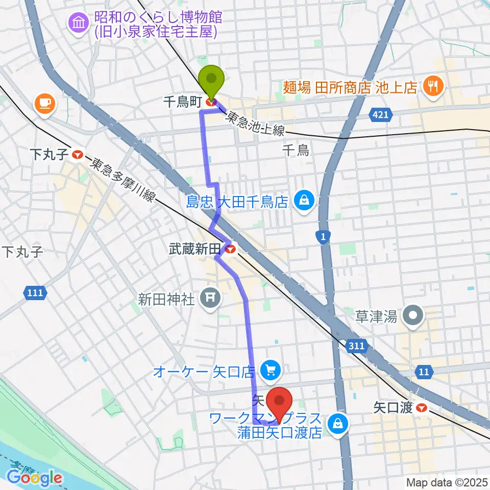 千鳥町駅からアマリリス音楽教室へのルートマップ地図