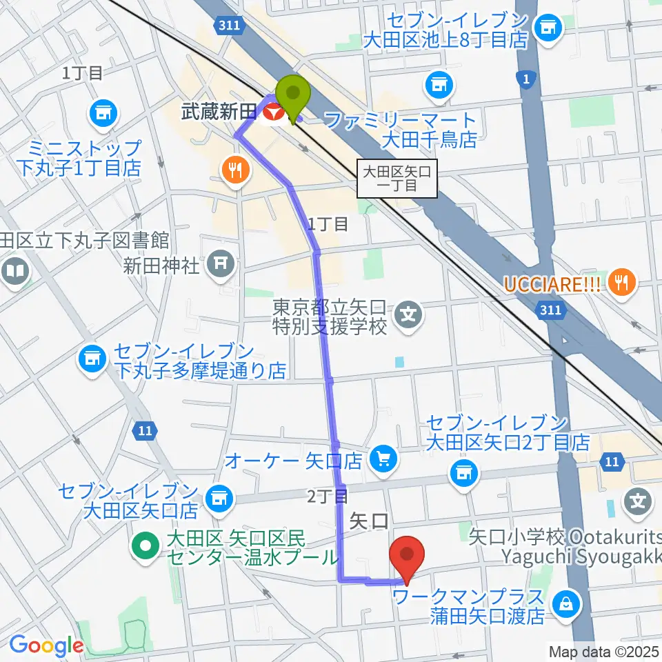 武蔵新田駅からアマリリス音楽教室へのルートマップ地図