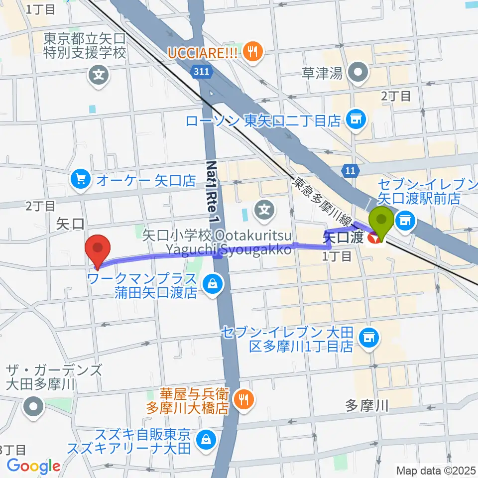 アマリリス音楽教室の最寄駅矢口渡駅からの徒歩ルート（約9分）地図