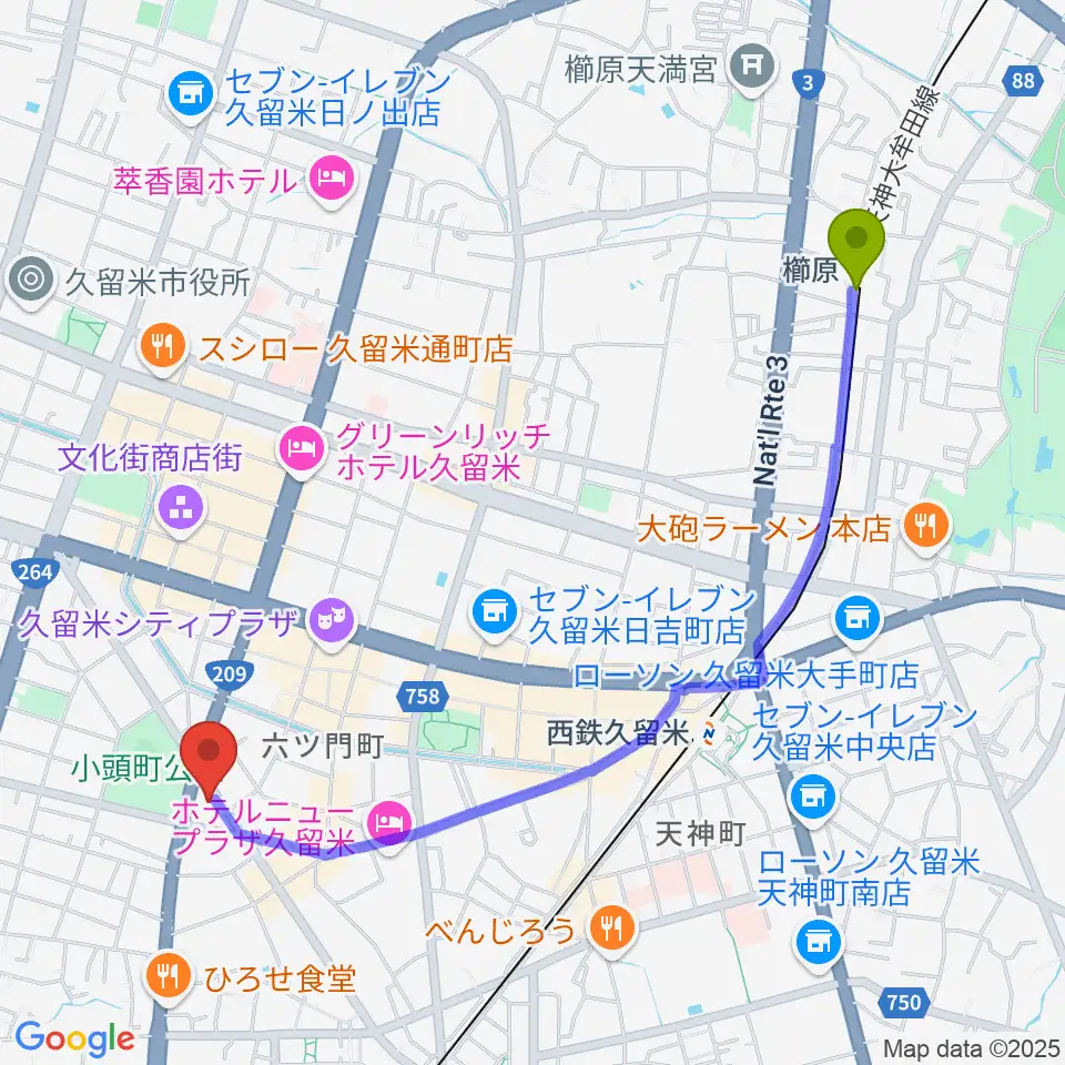 櫛原駅からピアノレッスンスタジオ シュラブルへのルートマップ地図