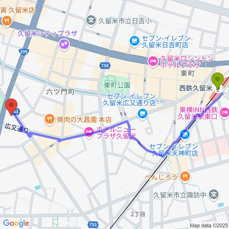 西鉄久留米駅からピアノレッスンスタジオ シュラブルへのルートマップ地図
