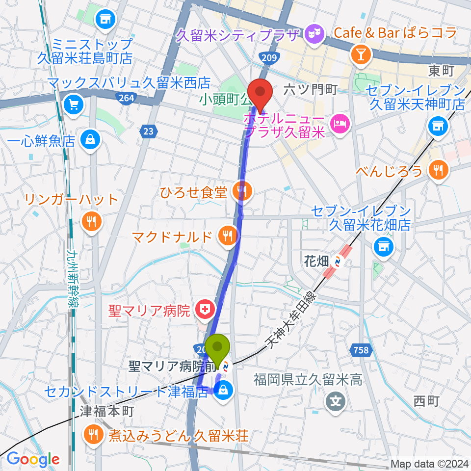 試験場前駅からピアノレッスンスタジオ シュラブルへのルートマップ地図