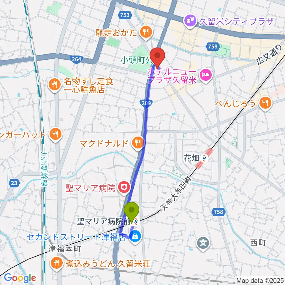 試験場前駅からピアノレッスンスタジオ シュラブルへのルートマップ地図