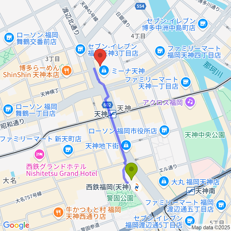西鉄福岡（天神）駅からアイ＆カルチャ天神へのルートマップ地図