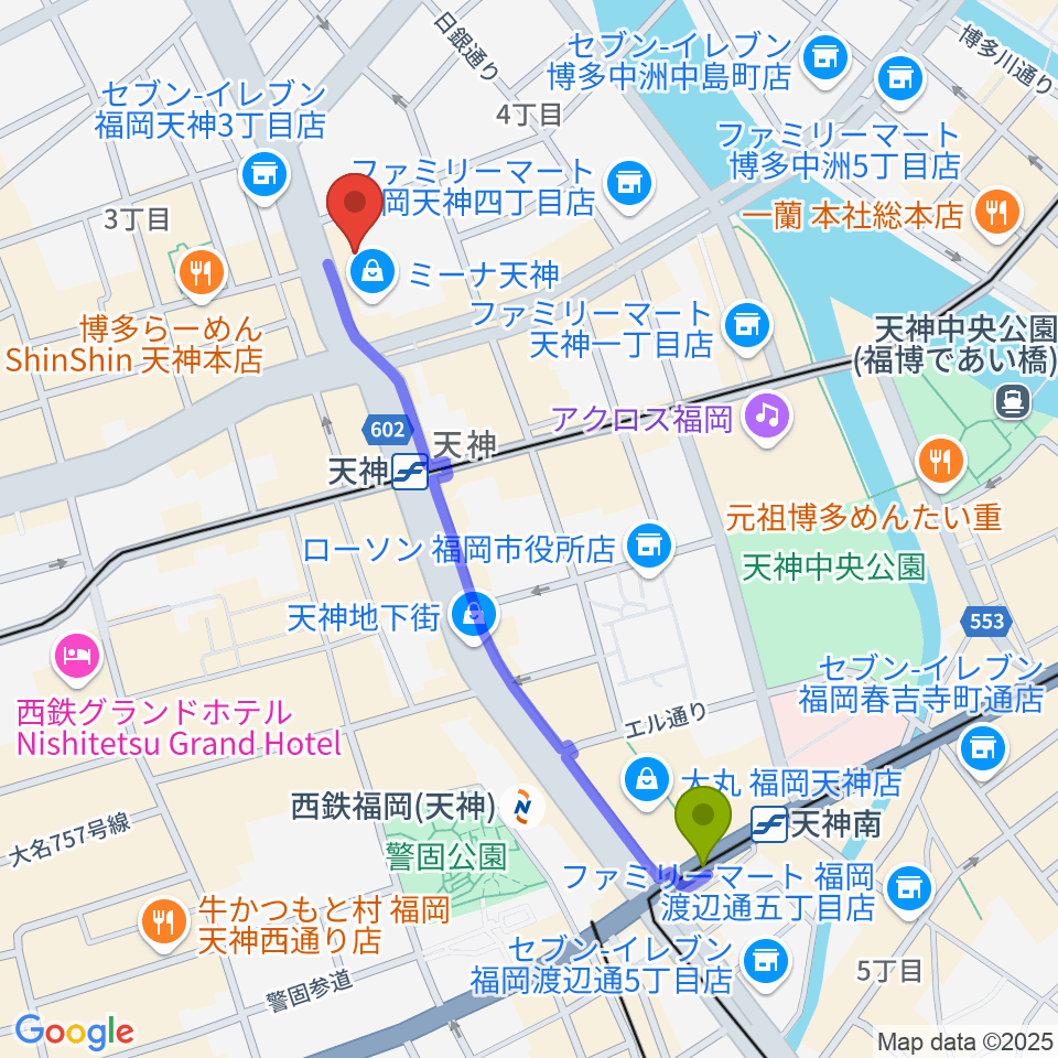 天神南駅からアイ＆カルチャ天神へのルートマップ地図