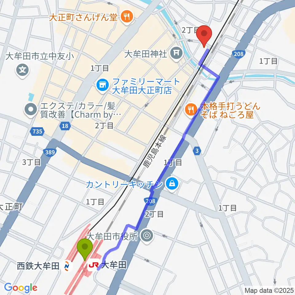 大牟田駅からアイ＆カルチャ大牟田へのルートマップ地図