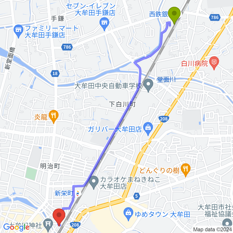 西鉄銀水駅からアイ＆カルチャ大牟田へのルートマップ地図