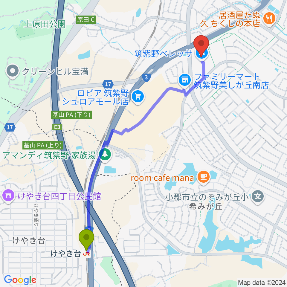 けやき台駅からアイ＆カルチャ筑紫野へのルートマップ地図