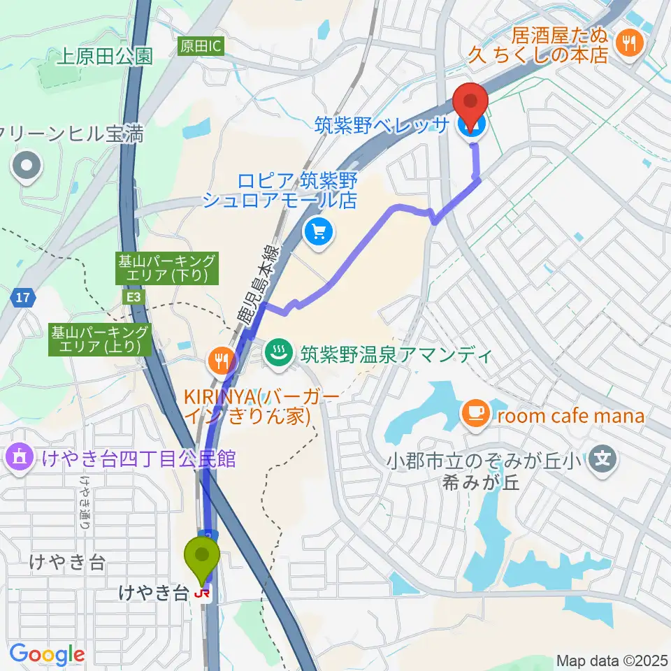 けやき台駅からアイ＆カルチャ筑紫野へのルートマップ地図