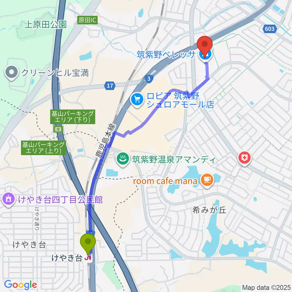 けやき台駅からアイ＆カルチャ筑紫野へのルートマップ地図