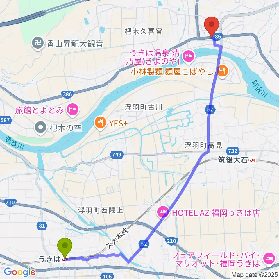 うきは駅からマツカワ楽器へのルートマップ地図