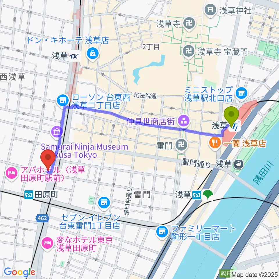 浅草駅からコマキ楽器 ジャパンパーカッションセンターへのルートマップ地図