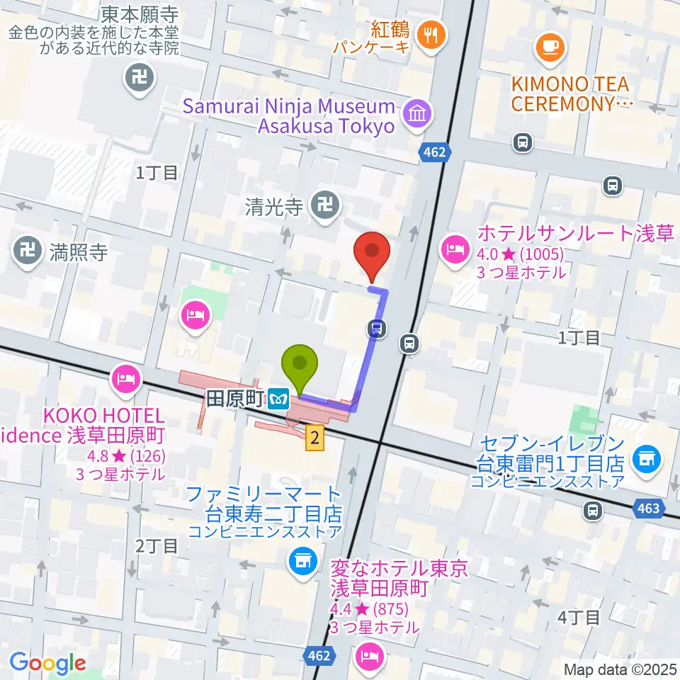 コマキ楽器 ジャパンパーカッションセンターの最寄駅田原町駅からの徒歩ルート（約2分）地図