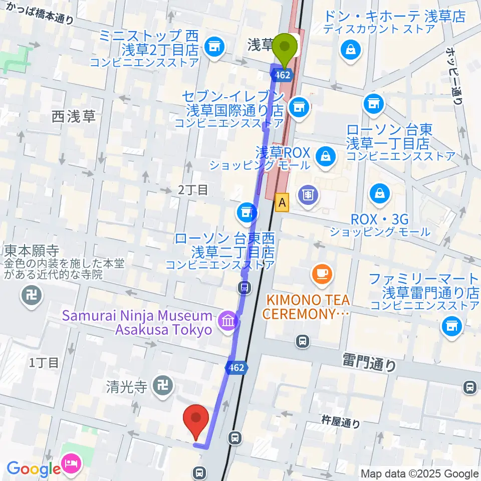 浅草駅からコマキ楽器 ジャパンパーカッションセンターへのルートマップ地図