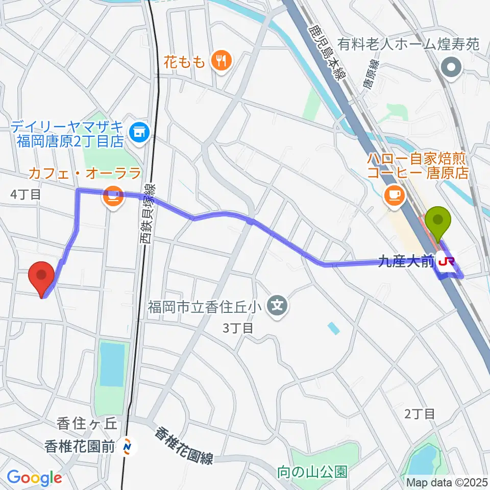 九産大前駅から香住ケ丘ミュージック・スクールへのルートマップ地図