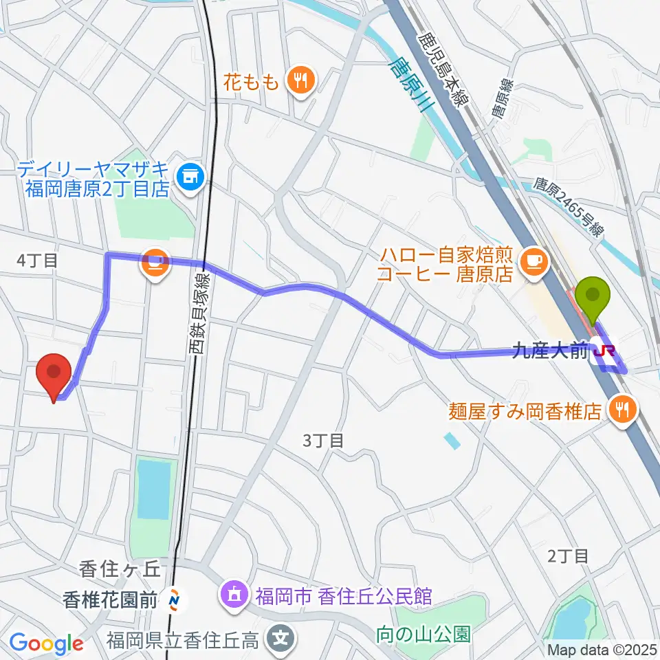 九産大前駅から香住ケ丘ミュージック・スクールへのルートマップ地図