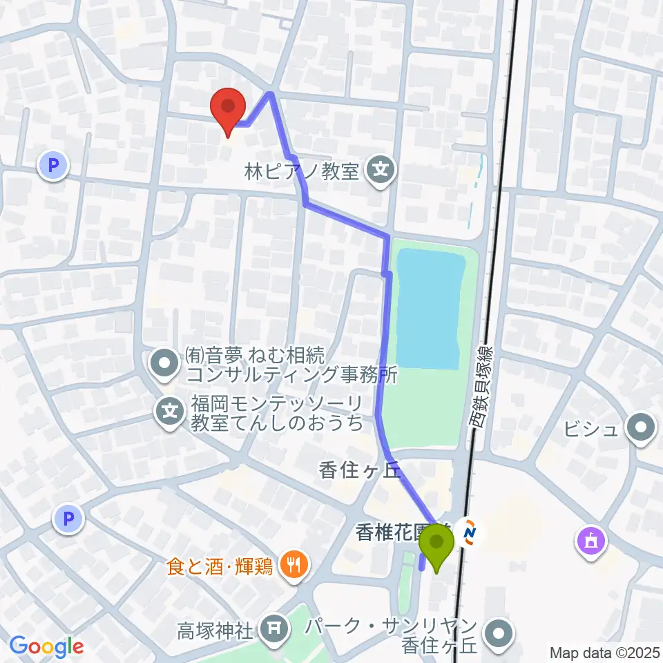 香住ケ丘ミュージック・スクールの最寄駅香椎花園前駅からの徒歩ルート（約6分）地図