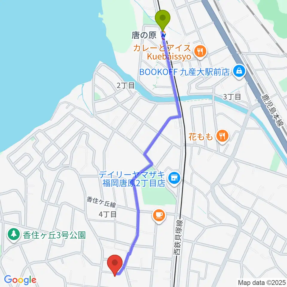 唐の原駅から香住ケ丘ミュージック・スクールへのルートマップ地図