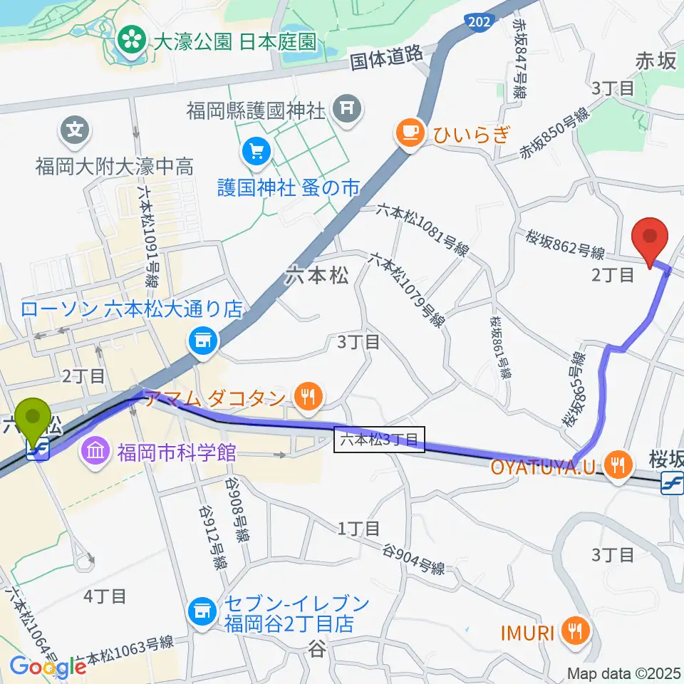 六本松駅から桜坂スタジオスタッフへのルートマップ地図