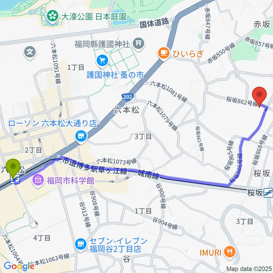 六本松駅から桜坂スタジオスタッフへのルートマップ地図