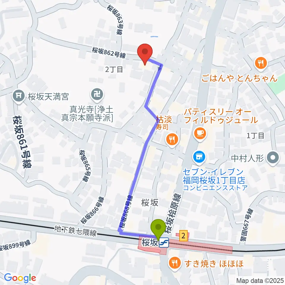 桜坂スタジオスタッフの最寄駅桜坂駅からの徒歩ルート（約5分）地図