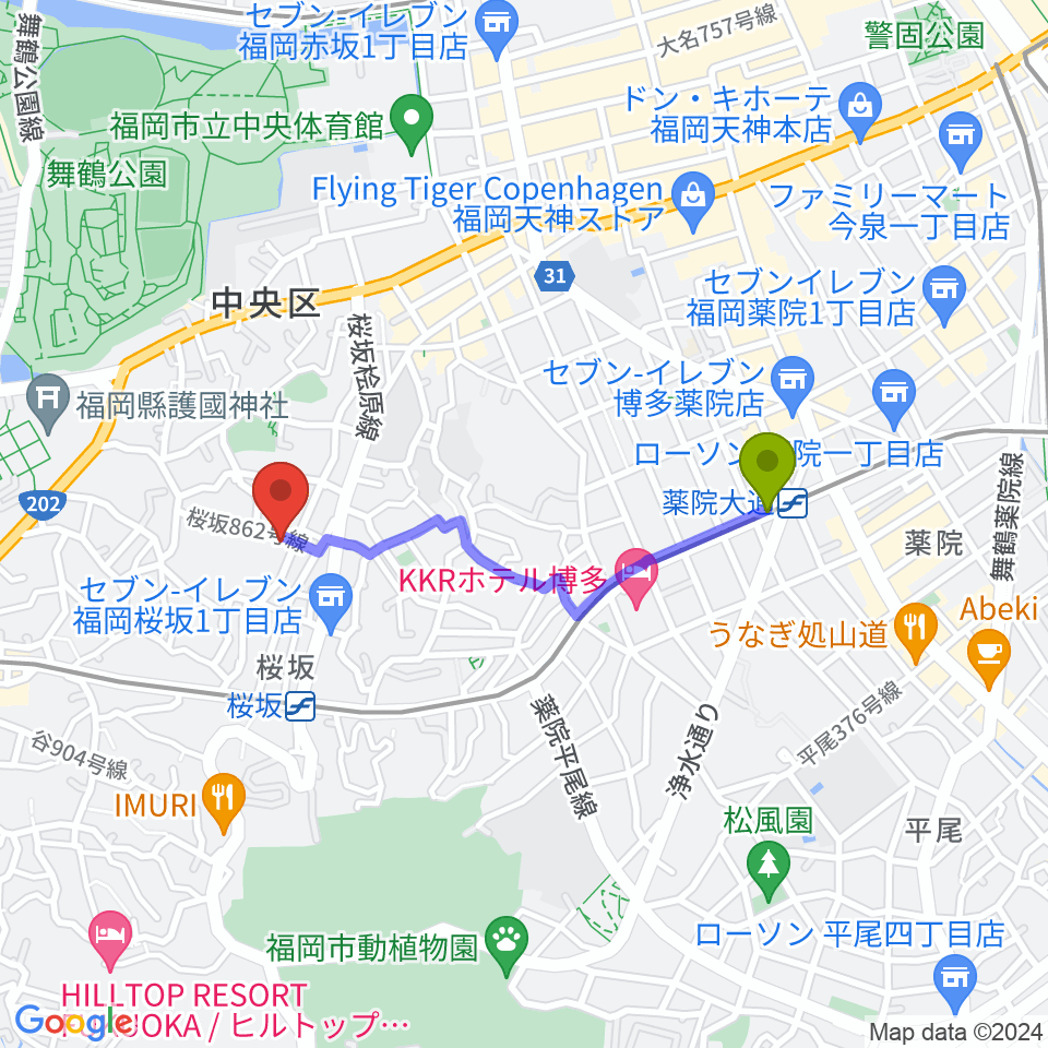 薬院大通駅から桜坂スタジオスタッフへのルートマップ地図