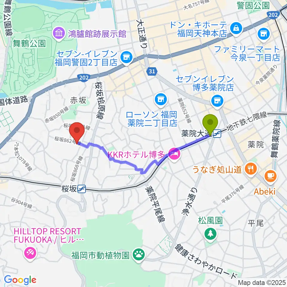薬院大通駅から桜坂スタジオスタッフへのルートマップ地図