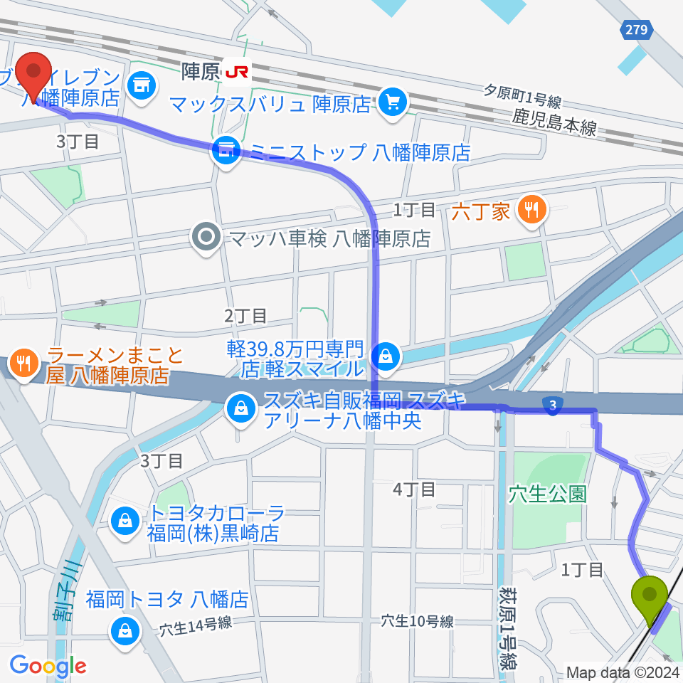 萩原駅から陣原LAZYへのルートマップ地図