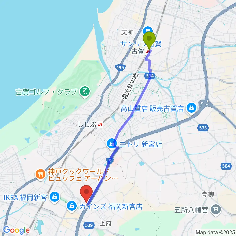 古賀駅からMUSIC STUDIO BEBOPへのルートマップ地図
