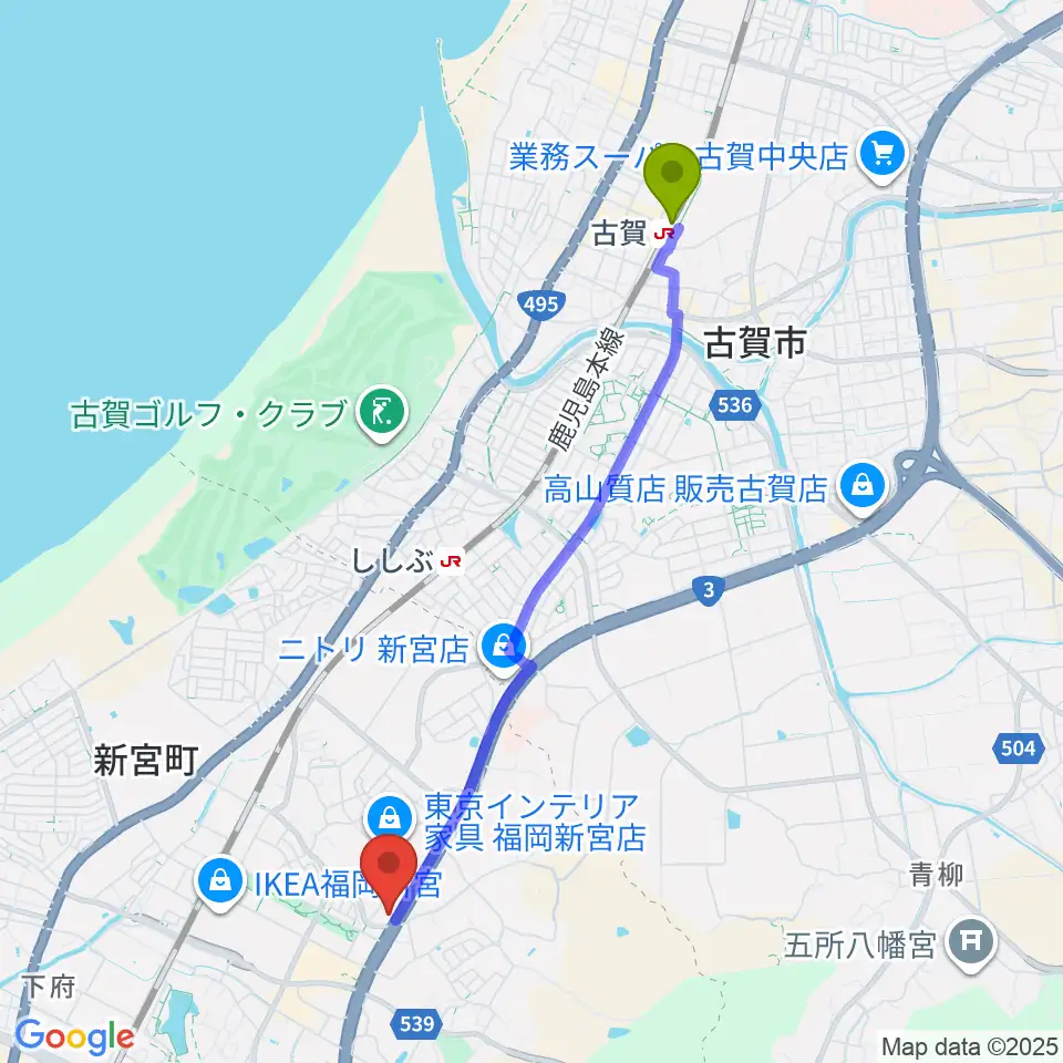 古賀駅からMUSIC STUDIO BEBOPへのルートマップ地図