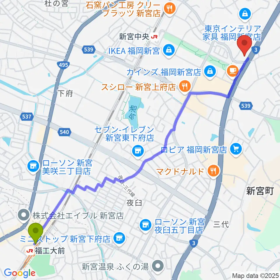 福工大前駅からMUSIC STUDIO BEBOPへのルートマップ地図