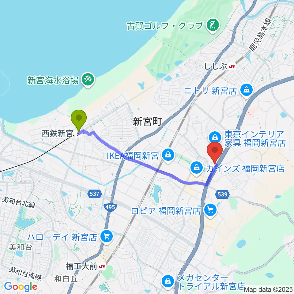 西鉄新宮駅からMUSIC STUDIO BEBOPへのルートマップ地図