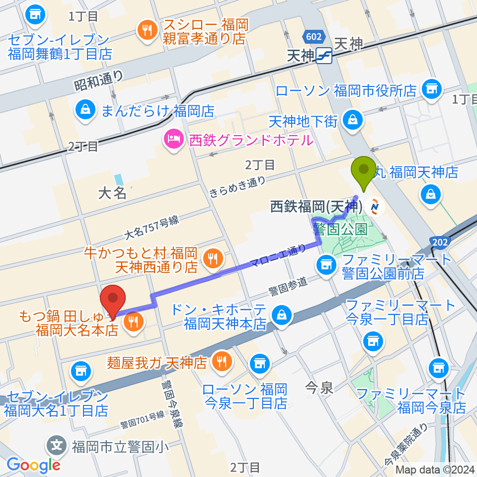 西鉄福岡（天神）駅から大名MKホールへのルートマップ地図