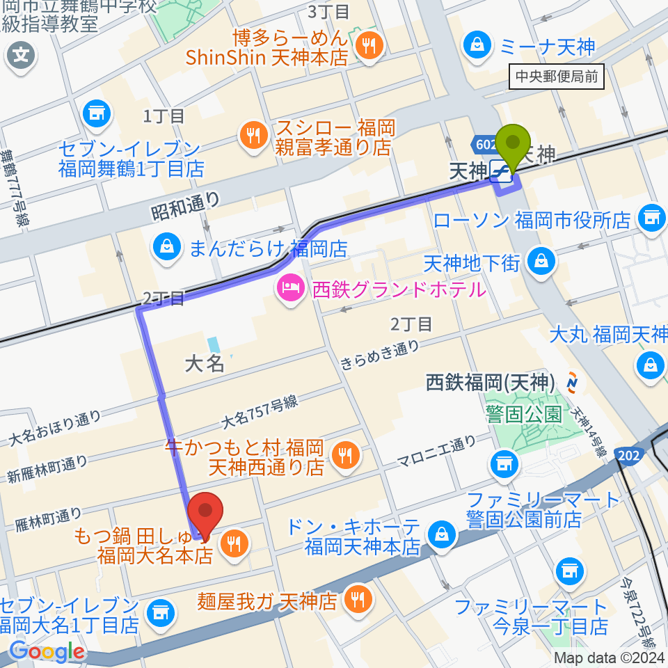 天神駅から大名MKホールへのルートマップ地図