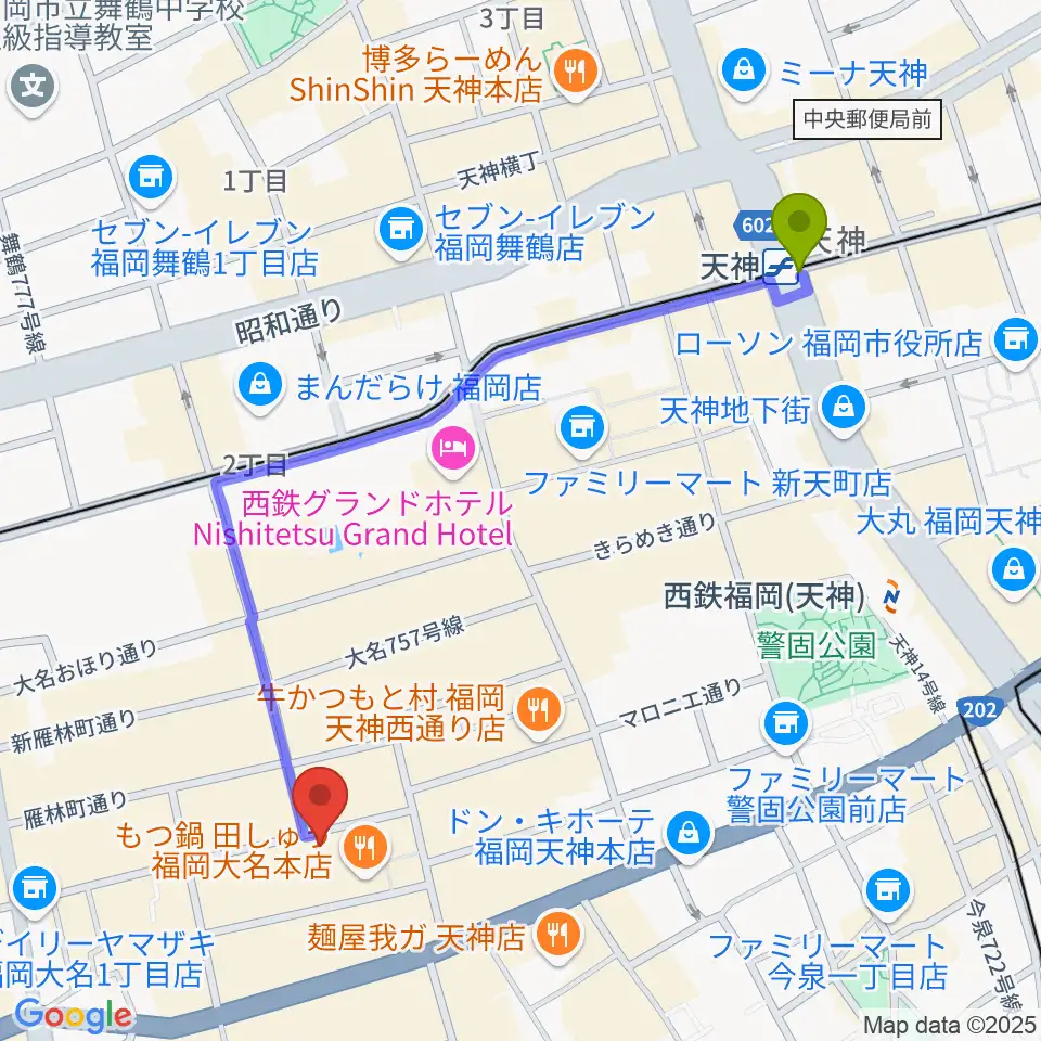 天神駅から大名MKホールへのルートマップ地図