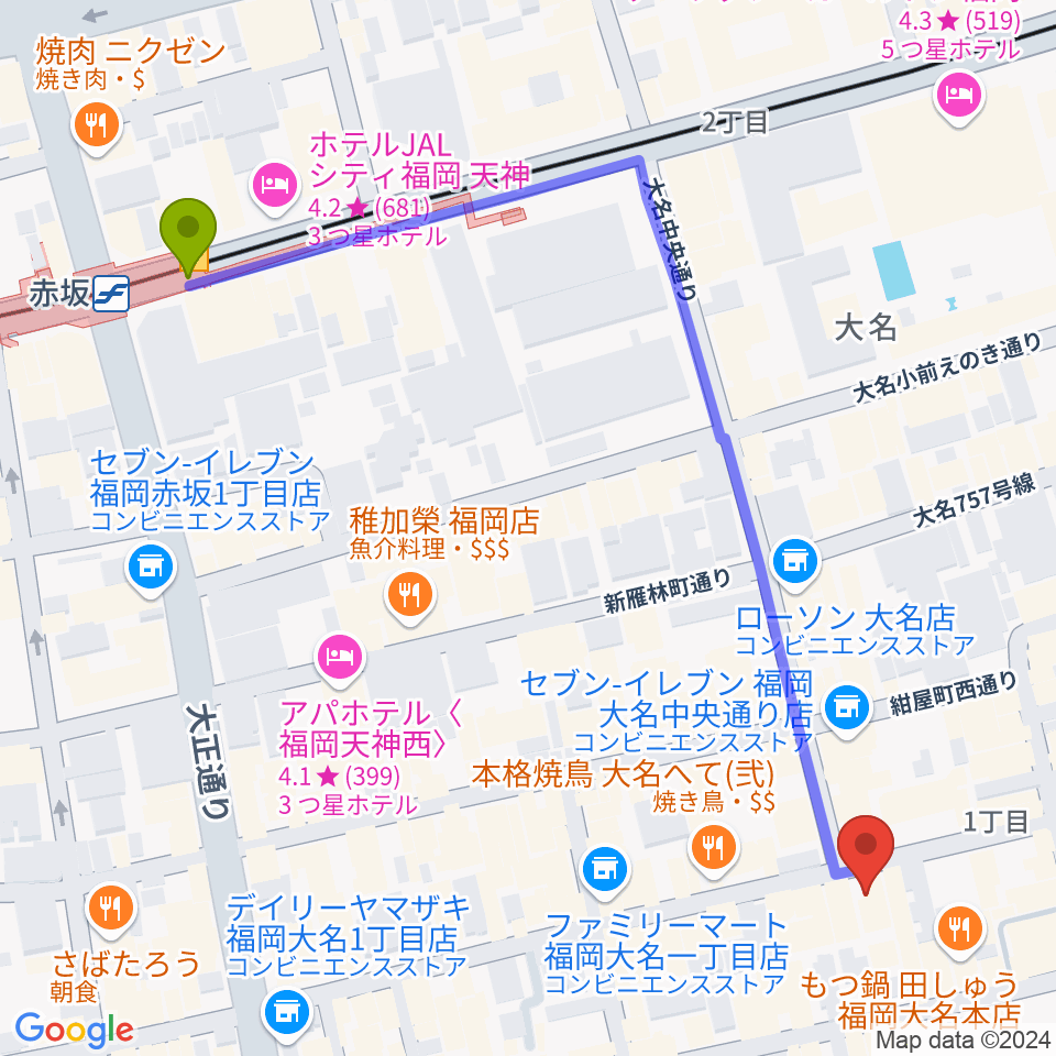 大名MKホールの最寄駅赤坂駅からの徒歩ルート（約7分）地図