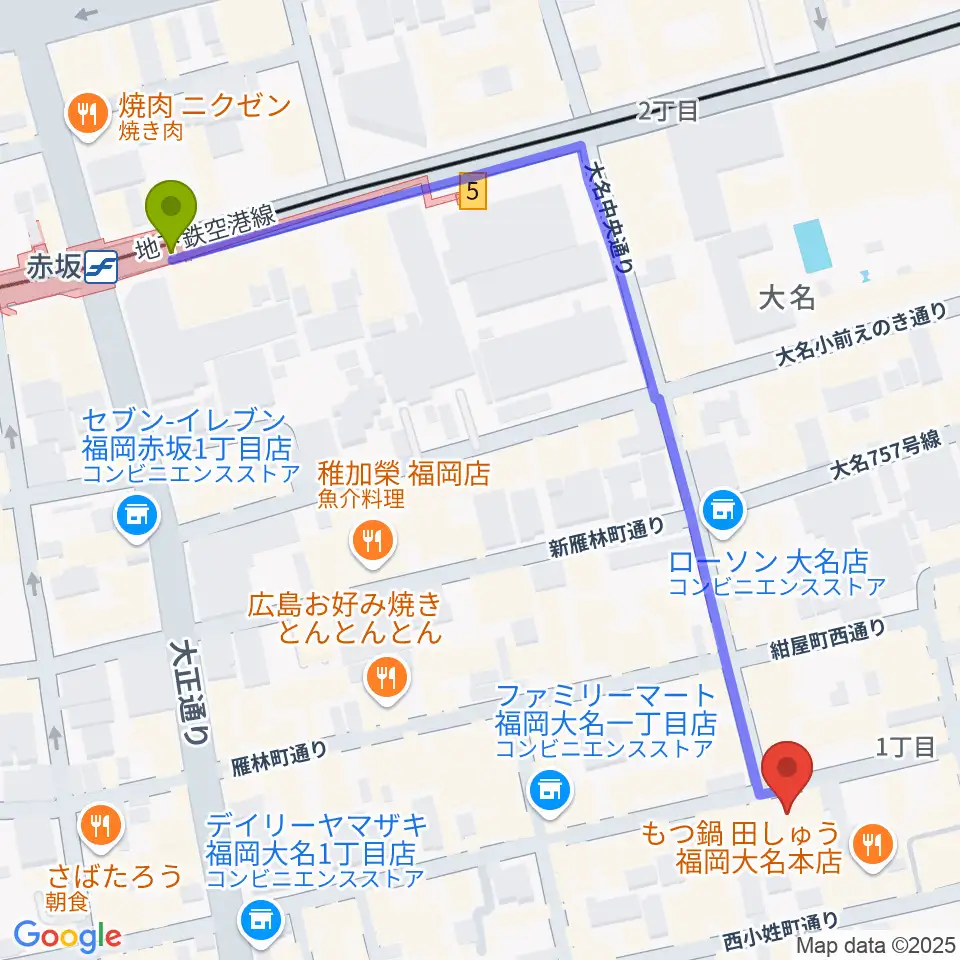 大名MKホールの最寄駅赤坂駅からの徒歩ルート（約7分）地図