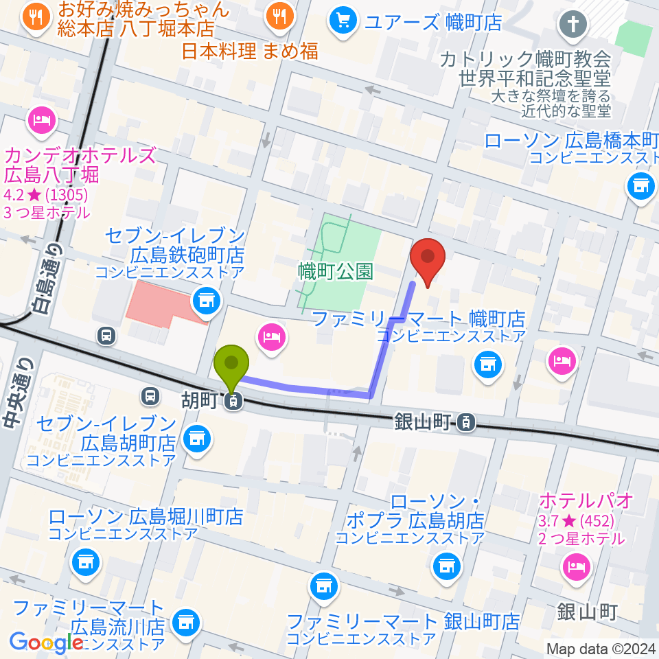 胡町駅から二胡音楽院へのルートマップ地図