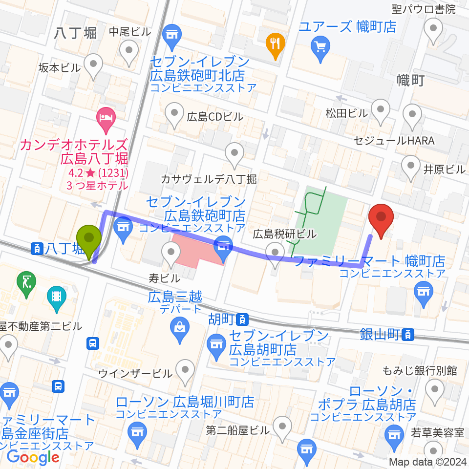 八丁堀駅から二胡音楽院へのルートマップ地図