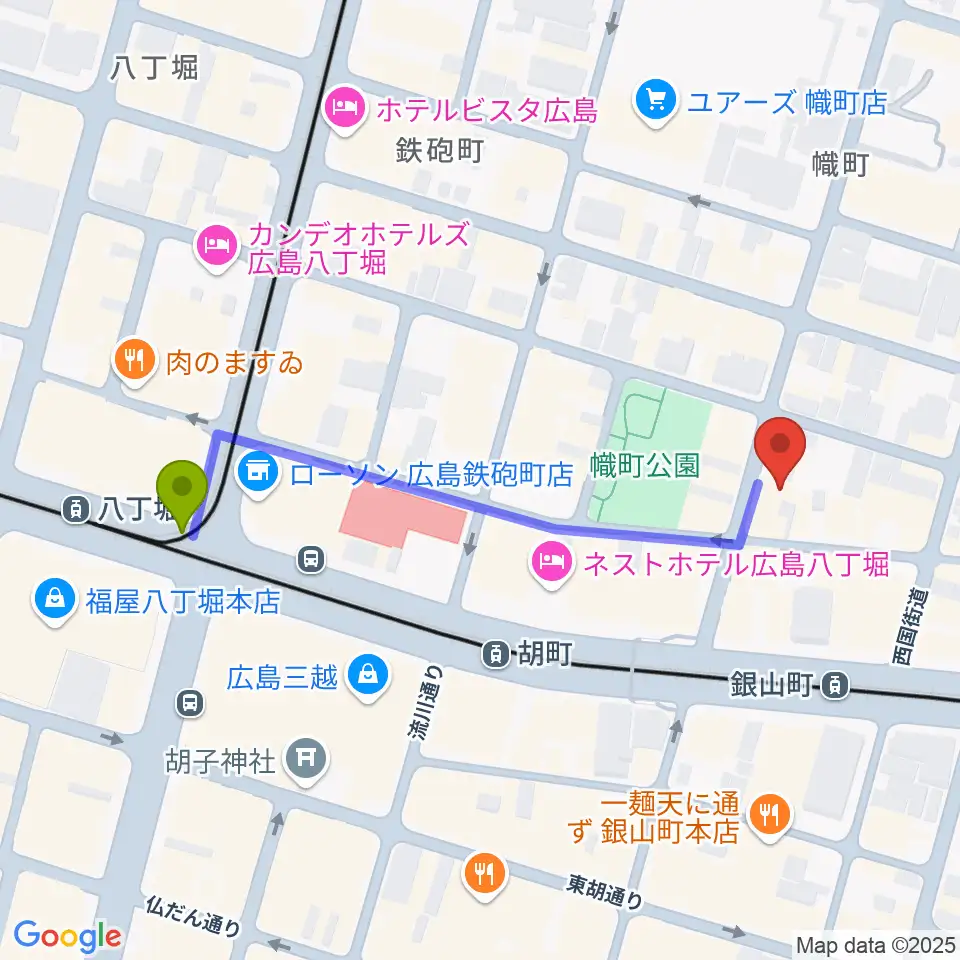 八丁堀駅から二胡音楽院へのルートマップ地図