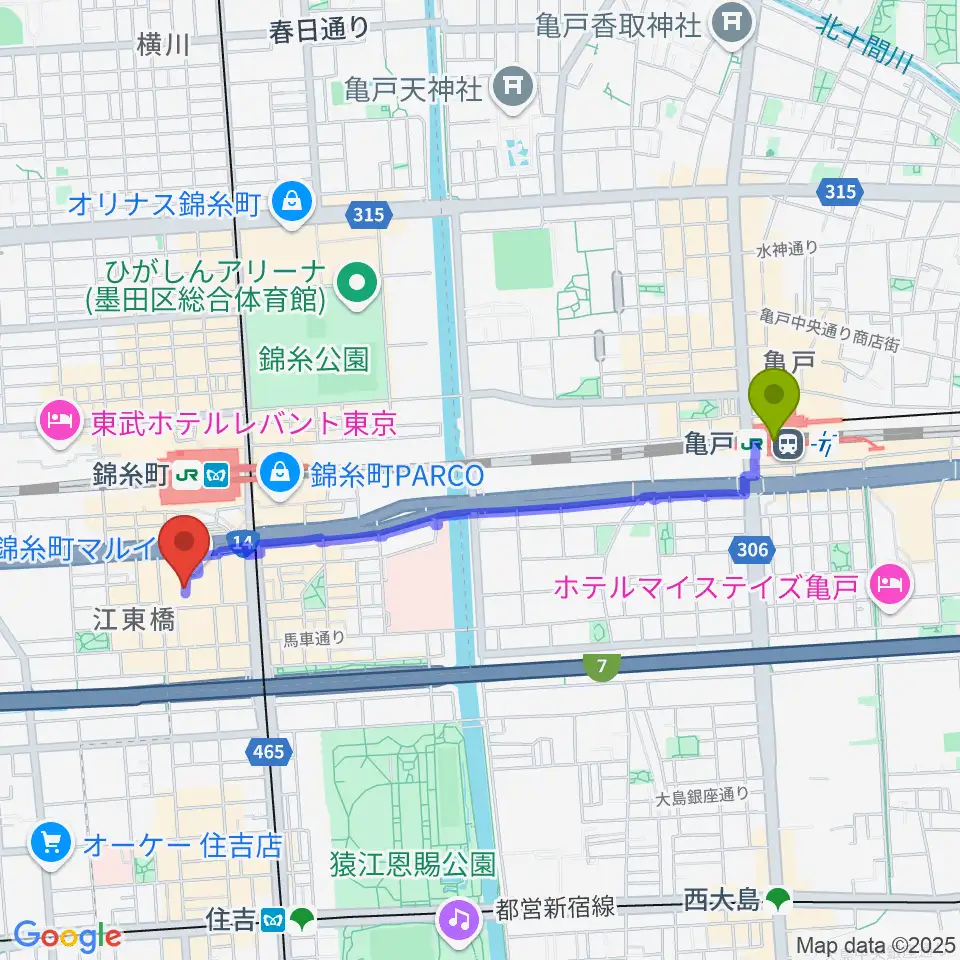 亀戸駅から島村楽器 丸井錦糸町クラシック店へのルートマップ地図