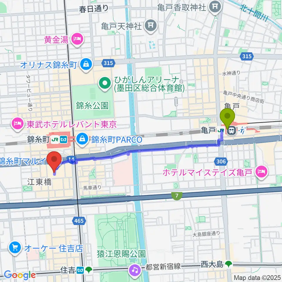 亀戸駅から島村楽器 丸井錦糸町クラシック店へのルートマップ地図