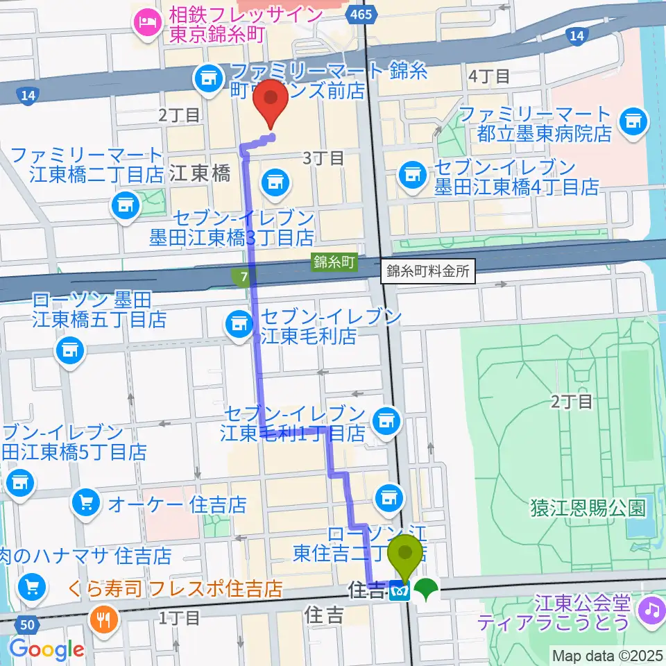 住吉駅から島村楽器 丸井錦糸町クラシック店へのルートマップ地図