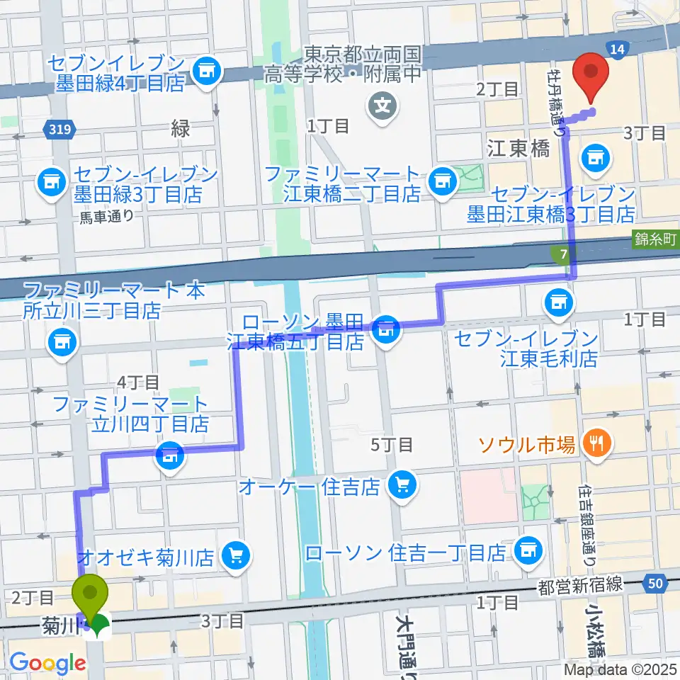 菊川駅から島村楽器 丸井錦糸町クラシック店へのルートマップ地図