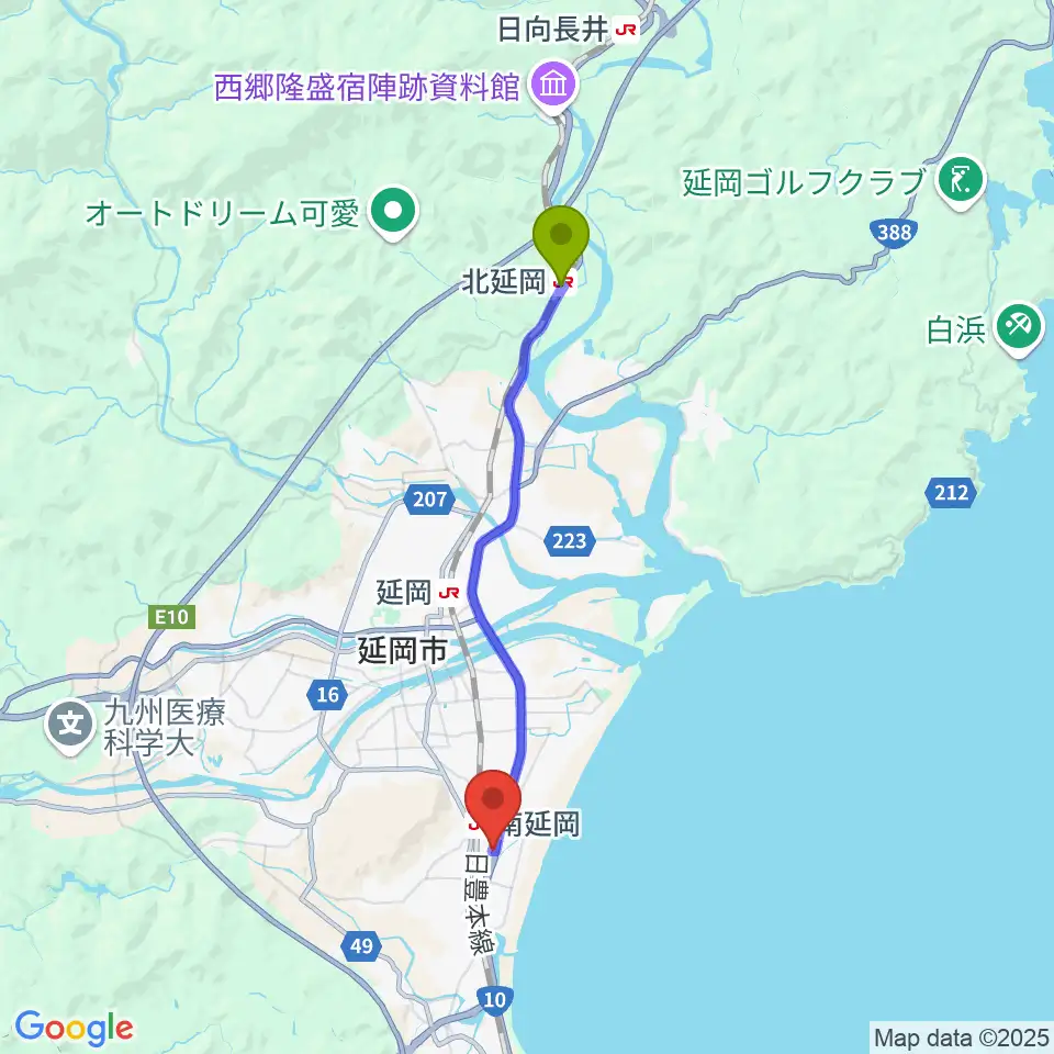 北延岡駅からカジオンスタジオ 音楽教室へのルートマップ地図