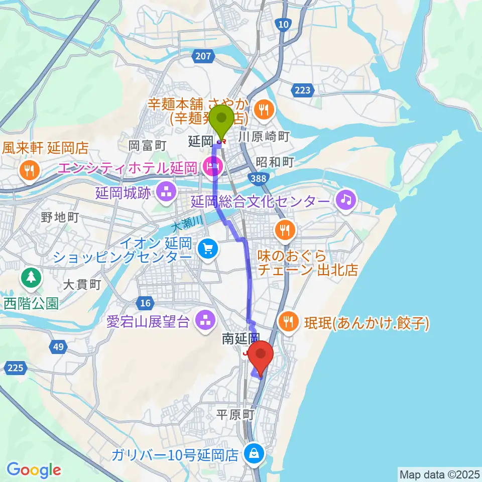 延岡駅からカジオンスタジオ 音楽教室へのルートマップ地図